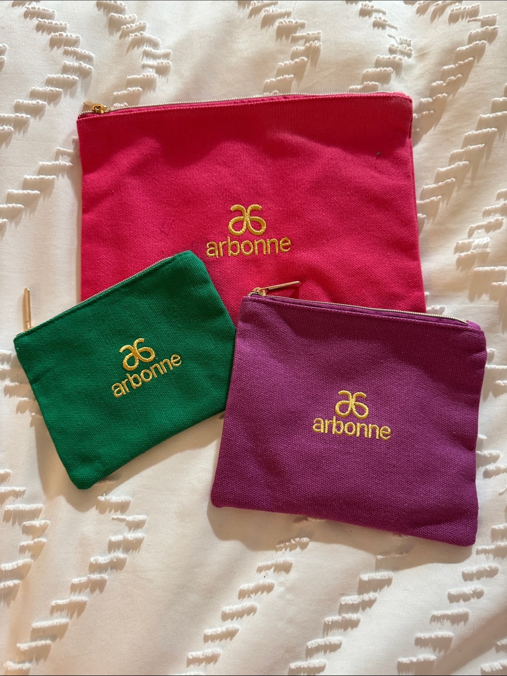 Arbonne Pink, Green & Purple Canvas Zip Pouches with Gold Logo